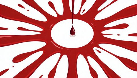 Glossy red splash around central pool with single drip, minimal abstract vector