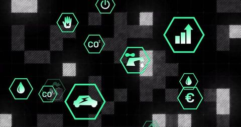 Digital green innovation icons for sustainability and eco-friendly solutions