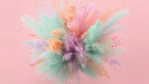 Bursting pastel powder cloud with gold flecks and vibrant color explosion