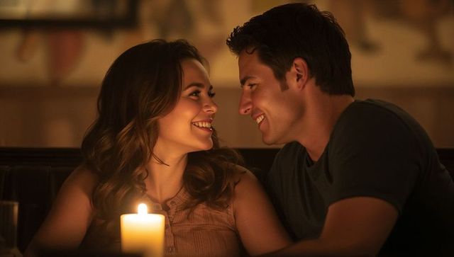 Romantic couple sharing intimate moment by candlelight