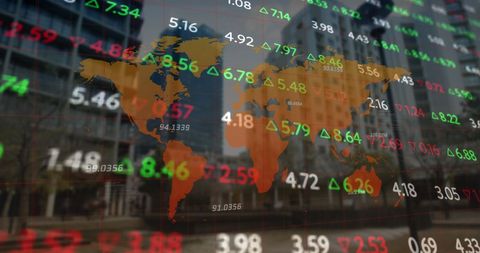 Global Stock Market Data Overlay on Buildings with World Map