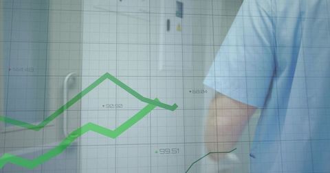 Doctor analyzing clinical data visualization overlay in hospital room with analytics