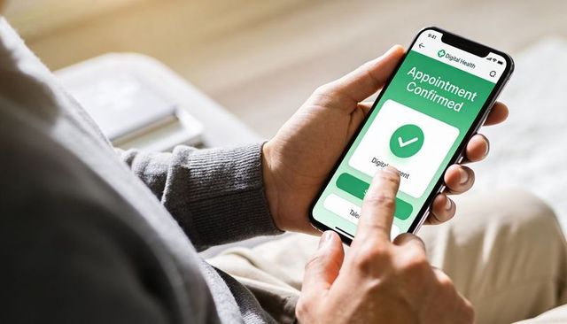 Man Tapping Smartphone Confirming Appointment on Health App at Home