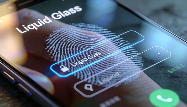 Liquid glass fingerprint unlock on curved smartphone display macro biometric interface