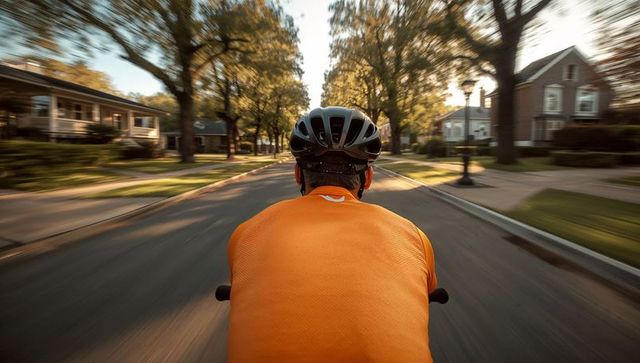Cyclist in orange jersey riding through peaceful neighborhood