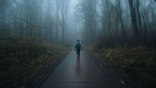 Solitary hiker walking on misty boardwalk through foggy forest with teal backpack