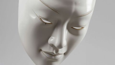 Displaying porcelain mask tilting right with serene smile and gold eyelid accents