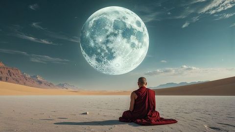 Solitary monk meditating under enormous full moon in desert