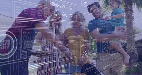 Multigenerational Family Grilling Outdoors with Data Overlay