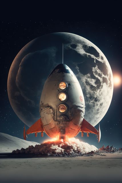 Retro spaceship launching from an alien landscape with a large moon backdrop. Ideal for sci-fi illustrations, vintage space explorations, retro-futuristic themes, book covers, and artwork related to cosmic journeys and space adventures.