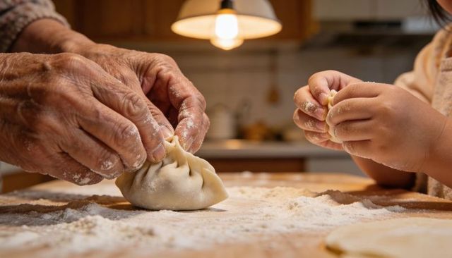Grandparent and child folding dumplings over flour-dusted wooden counter under warm lamp
