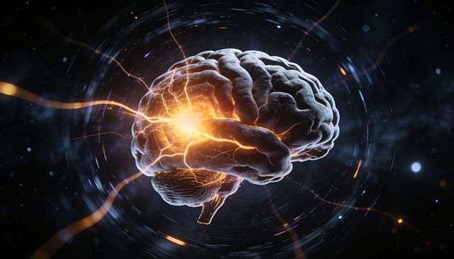 Futuristic brain pulsing with electric neural energy, glowing synapses and cosmic light