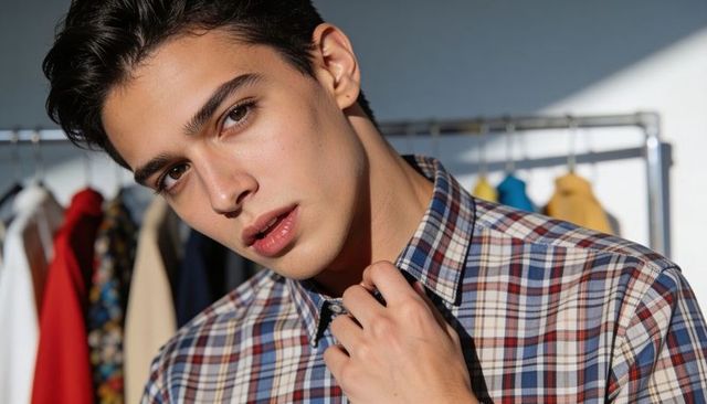 Young male model adjusting plaid shirt collar while tilting head and gazing intently