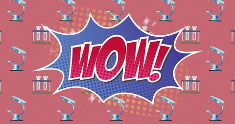 Comic-Style WOW Science Background with Microscopes and Test Tubes