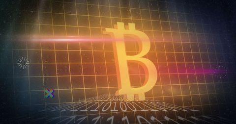 Holographic bitcoin symbol with digital grid and binary code