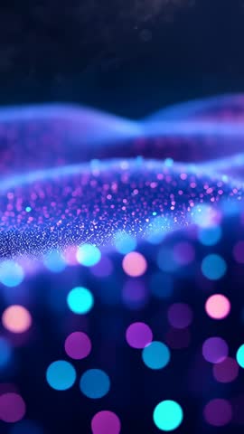 Vertical neon particle wave panning reveal with glowing bokeh and undulating light mesh