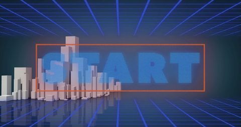 Retro-Futuristic Digital Interface with Cityscape and Start Text