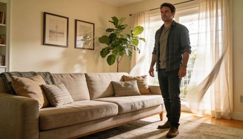 Man standing in sunlit living room with neutral sofa, fiddle leaf fig and sheer curtains