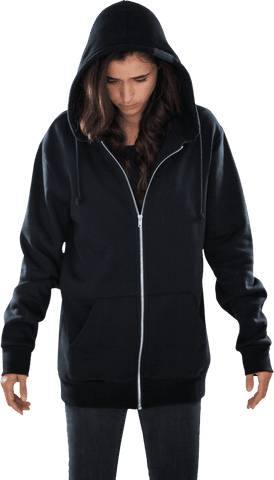 Young female in black hoodie with intense expression on transparent background
