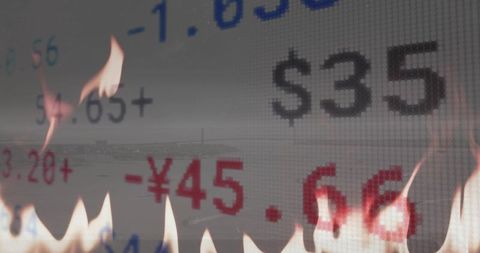 Market ticker burning showing $35 and -¥45 flames over urban waterfront skyline during crisis