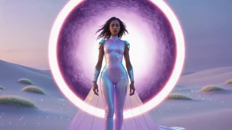 Futuristic Warrior in Sci-Fi Desert Voyage with Cosmic Vortex