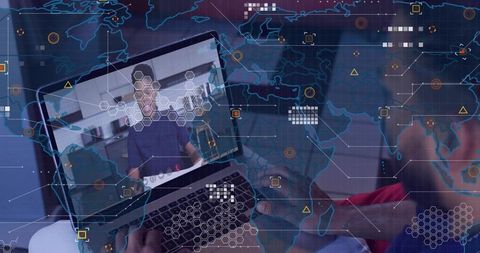 Typing on Laptop During Remote Video Call with Global Network Overlays and Data Analytics