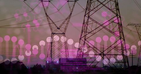 Towering transmission pylons crossing dusk skyline with magenta circuitry overlay and bokeh
