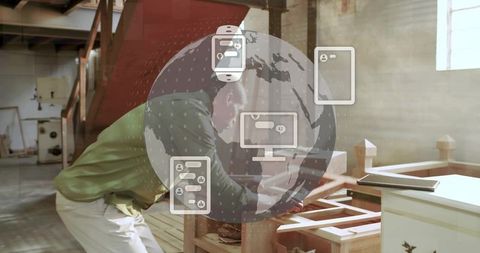 Carpenter Shaping Custom Furniture with Chisel in Smart Workshop with AI Tech Overlay