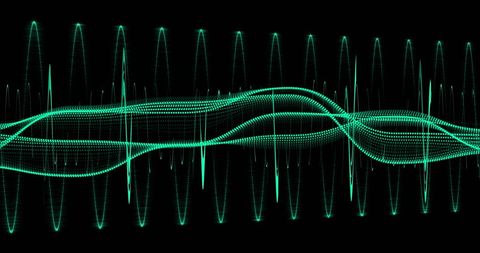 Green oscillating digital wave form on black background