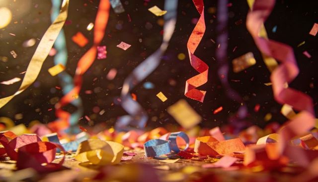Colorful Streamers and Confetti Falling Through Warm Party Lights for Celebration and Bokeh