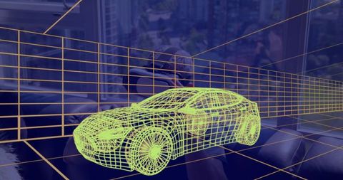 3D Car Wireframe with Man Using VR Headset at Home