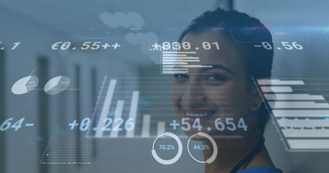 Financial Data Overlay on Smiling Female Doctor in Modern Hospital - Download Free Stock Images Pikwizard.com