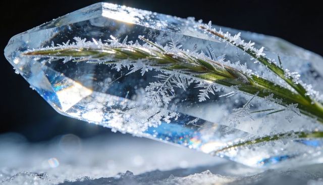 Iridescent ice prism encasing frost-covered grass blade with snowflake crystals macro