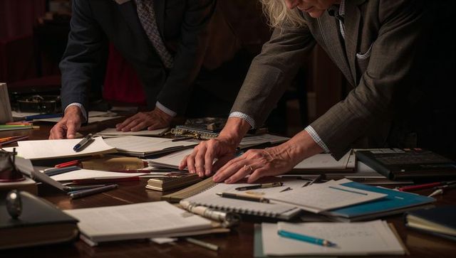 Senior executives leaning over table aligning documents and notes for strategic planning