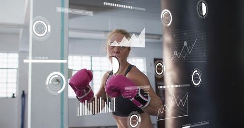 Female boxer training with augmented reality performance metrics and hud analytics