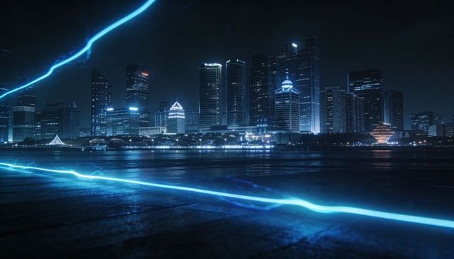 Neon blue light trails crossing night waterfront skyline reflecting on promenade futuristic urban
