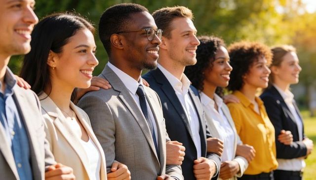 Diverse business team linking arms outdoors smiling together promoting unity and teamwork