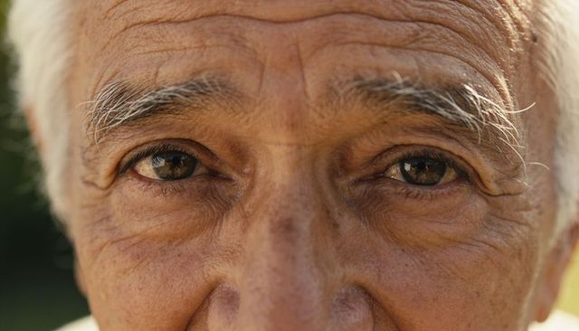 Sunlit closeup of senior man eyes showing deep wrinkles, crow's feet and camera reflection