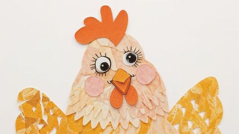 Handcrafted whimsical hen collage with vibrant details