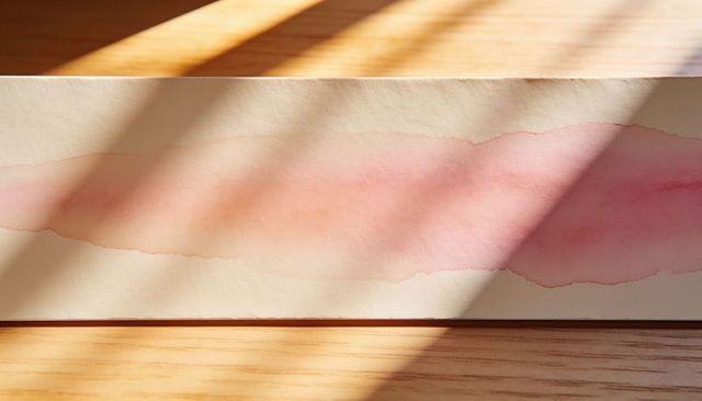 Minimalist watercolor paper strip with pink-peach wash, torn edge and warm sunlit shadows