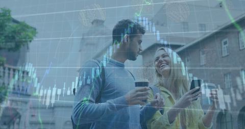 Couple Drinking Coffee with Financial Graph Overlay