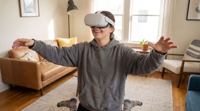 Woman experiencing virtual reality kneeling on rug in cozy midcentury living room wearing vr headset