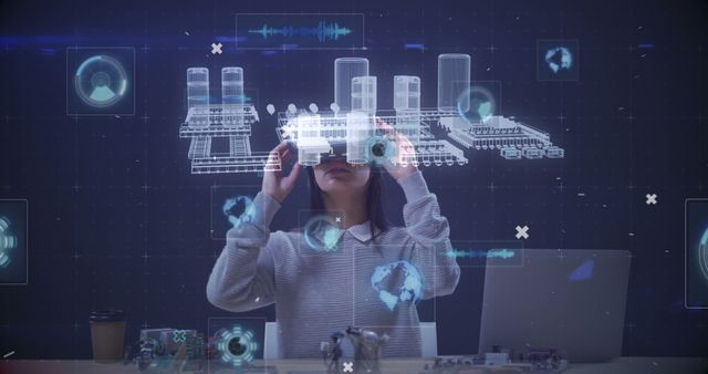 Woman Experiencing Virtual Reality Technology in Futuristic Office Environment - Download Free Stock Images Pikwizard.com