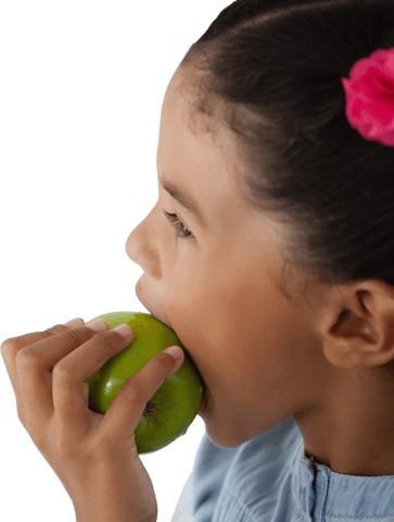 Transparent profile of young girl eating green granny smith apple