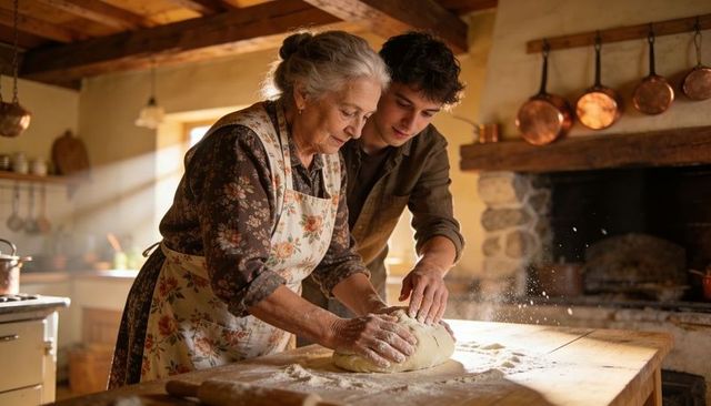 Elderly woman teaching grandson kneading rustic bread dough in sunlit country kitchen