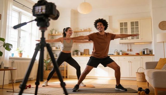 Couple Filming Energetic Home Workout in Sunlit Kitchen Practicing Partner Lunges
