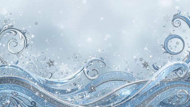 Flowing Icy Ribbon Waves With Silver Filigree and Snowflake Sparkle for Winter Design