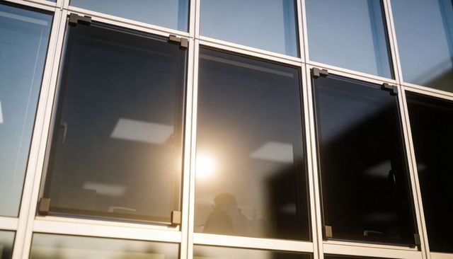 Sun Glare Reflecting on Tinted Office Windows with Metal Frames and Urban Silhouette
