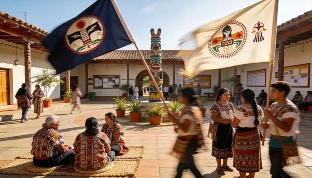 Traditional textile ceremony in sunlit courtyard with embroidered garments and ceremonial banners