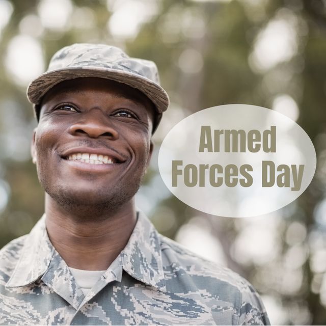 African American army soldier smiling outdoors in camouflage uniform celebrates Armed Forces Day. Ideal for promotions highlighting celebration of military service members, patriotic events, and honoring armed forces.